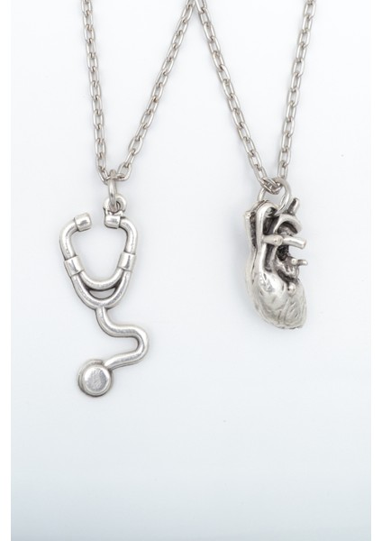 2'li Steteskop - Kalp Gümüş Kaplama Kolye Seti