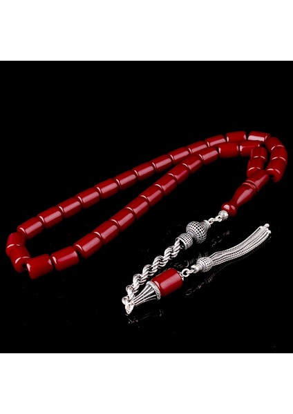 925 Ayar Gümüş Püsküllü Kesme Model Bordo Renk Ateş Kehribar Tesbih