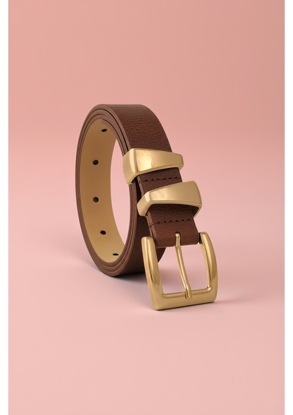 Asimetrik Gold Köprülü Kahve Kadın Kemer