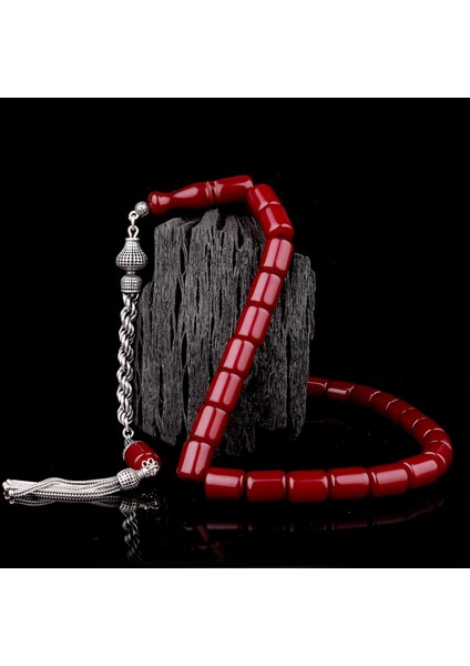 925 Ayar Gümüş Püsküllü Kesme Model Bordo Renk Ateş Kehribar Tesbih fiyatları