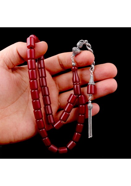 925 Ayar Gümüş Püsküllü Kesme Model Bordo Renk Ateş Kehribar Tesbih modelleri