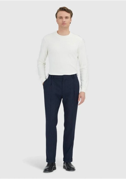 Lacivert Çizgili Dokuma Regular Fit Casual Yün Karışımlı Pantolon