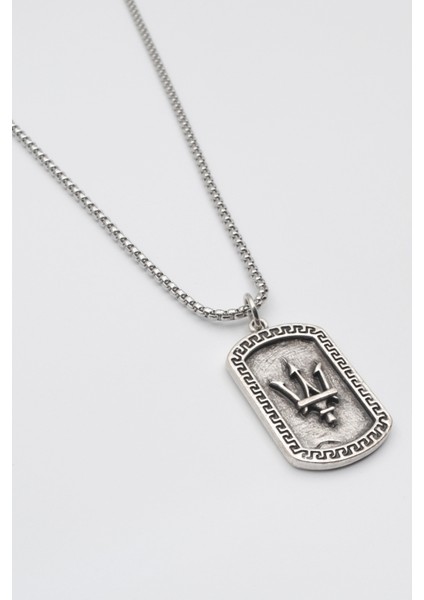 Poseidon Mızrağı Künye Kolye - Örme İthal Zincirli Unisex Gümüş Kaplama - 60 cm fiyatları
