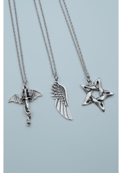 3'lü Ejderha Kılıç Büyük Kanat Pentagram Gümüş Kaplama Kolye Seti
