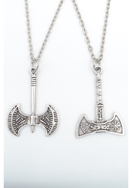 2'li Viking Balta - Çift Taraflı Balta Gümüş Kaplama Kolye Seti