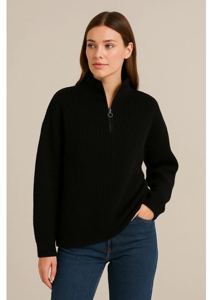 Kadın Yarım Fermuarlı Triko Kazak – Selanik Örgü, Dik Yaka, Pamuklu Dokuma, Oversize Uzun Koll fiyatları