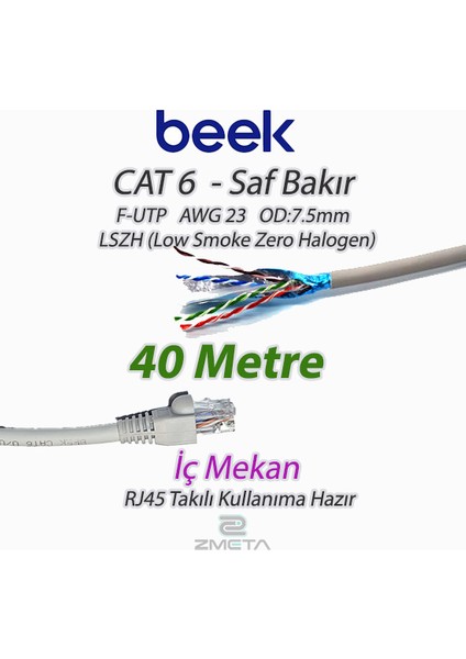 Cat6 40 Metre Saf Bakır F-Utp Iç Mekan Data Kablosu Awg 23 1/0.4tc Od:7.5mm Lszh Kullanıma Hazır