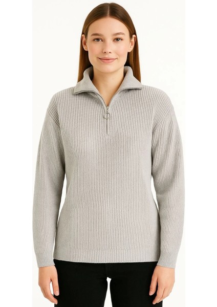 Kadın Yarım Fermuarlı Triko Kazak – Selanik Örgü, Dik Yaka, Pamuklu Dokuma, Regular Fit Uzun K modelleri