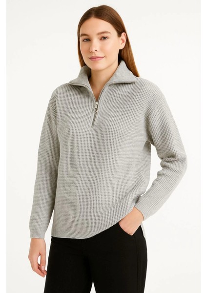 Kadın Yarım Fermuarlı Triko Kazak – Selanik Örgü, Dik Yaka, Pamuklu Dokuma, Regular Fit Uzun K fırsatları