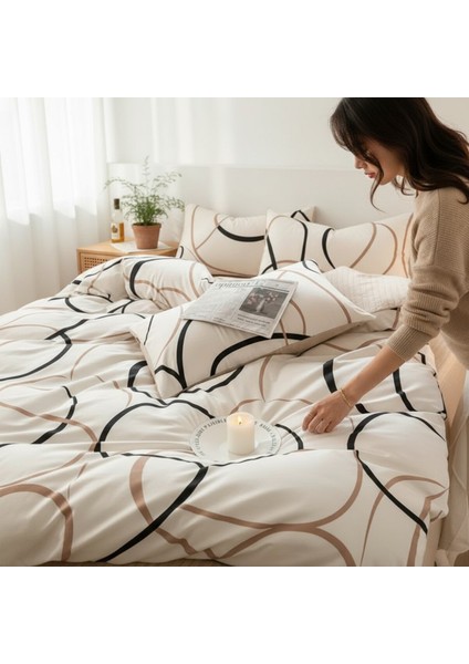 Nevresim Takımı Çift Kişilik Line Rondom Krem Kolay Ütülenir