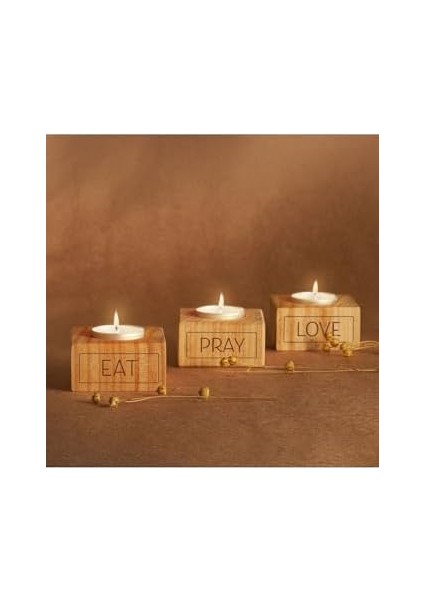 Eat | Pray | Tasarımlı 3lü Ahşap Mum Seti