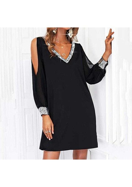 Kadın Uzun Kollu V Yaka Kollar Tül Yırtmaç Detay Kol Manşetleri ve Yaka Payet Krep Elbise