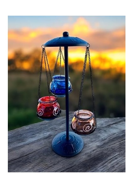 Ferforje Mumluk, 3&apos;lü Mumluk, Şamdan, Cam Hazneli Metal Mumluk, Ayaklı Mumluk, Tealight Mumluk