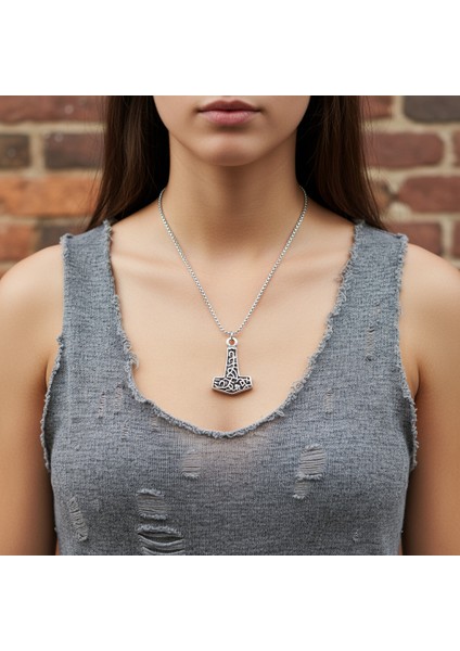 Thor Mjollnir Hammer Gümüş Kaplama Örme Zincir Kolye