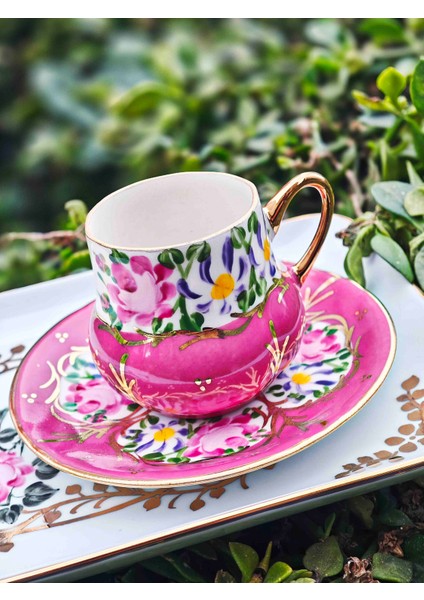 El Boyama Porselen Osmanlı Saray Kahve Fincanı-Koyu Pembe 1 Adet