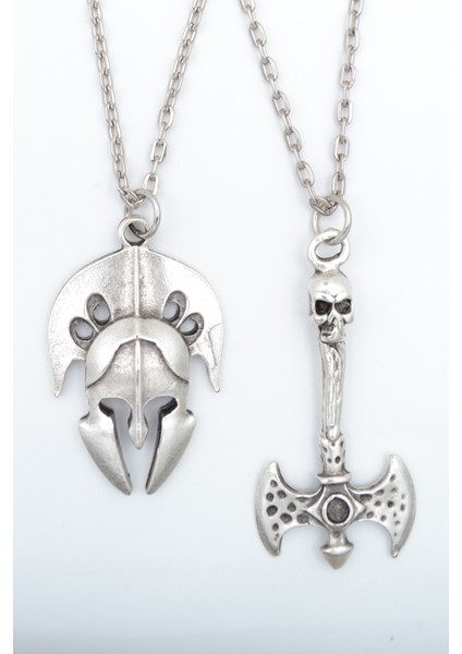 2'li Çift Taraflı Kuru Kafa Balta - Gladyatör Miğfer Gümüş Kaplama Kolye Seti