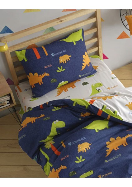 Kolay Ütülenir Nevresim Takımı Tek Kişilik Dinolar Lacivert