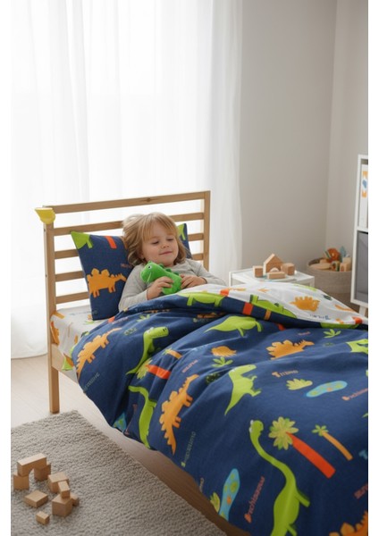 Kolay Ütülenir Nevresim Takımı Tek Kişilik Dinolar Lacivert fiyatları