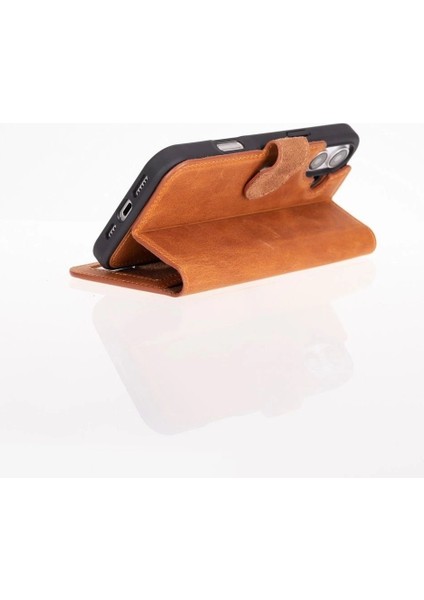 Apple iPhone 16 Plus Uyumlu, Hakiki Deri, El Yapımı, Cüzdanlı Kılıf, Karamel modelleri