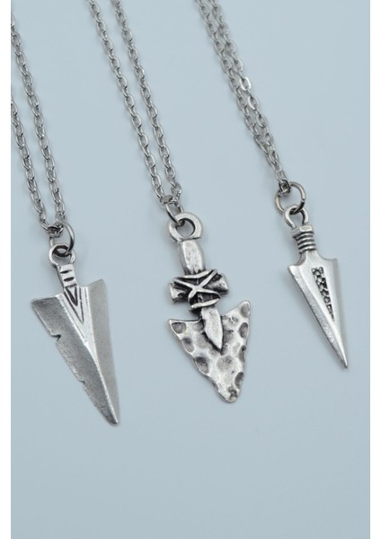3'lü Antik Ok Ucu Triagle Desenli Ok Ucu Gümüş Kaplama Kolye Seti