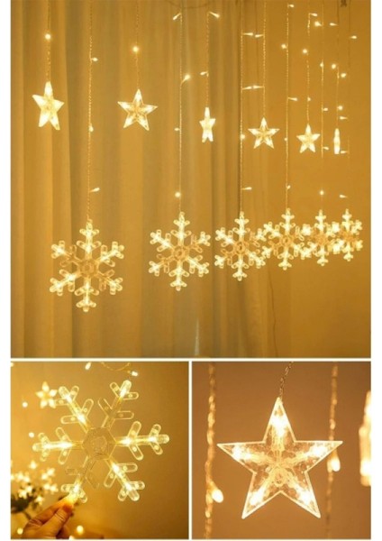Kar Tanesi Perde LED Işık, 10 Saçaklı Yıldız ve Snowflake Dekor, 8 Modlu Fişli Eklemeli Sıcak Işık Şeffaf Kablo