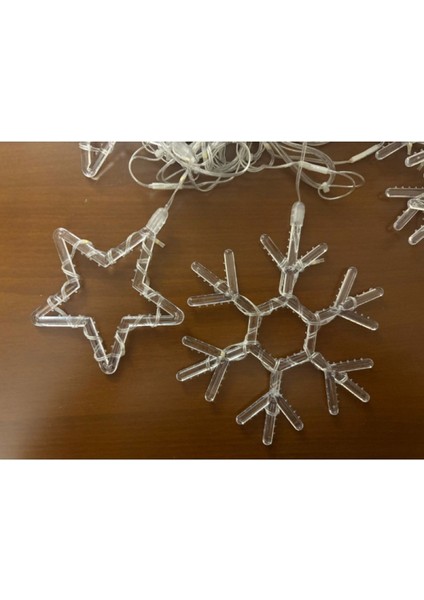 Kar Tanesi Perde LED Işık, 10 Saçaklı Yıldız ve Snowflake Dekor, 8 Modlu Fişli Eklemeli Sıcak Işık Şeffaf Kablo fiyatları