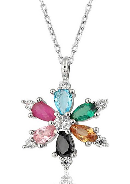 925 Ayar Gümüş Mix Taşlı Lotus Çiçeği Kadın Kolye T8408 (972972)