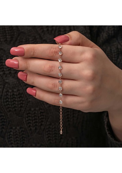925 Ayar Gümüş Rose Beyaz Taşlı Kadın Bileklik T8730 (972972)