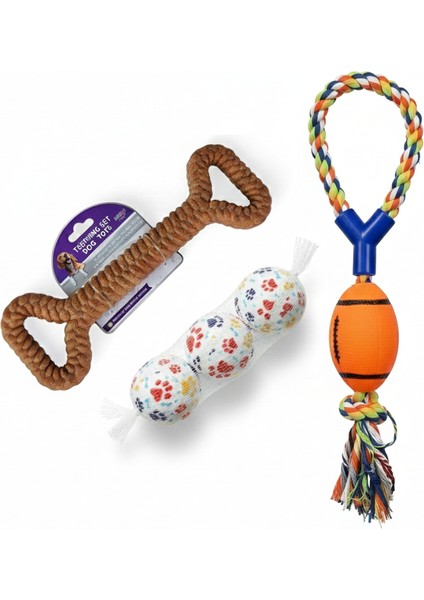 Köpek Oyuncak Seti – Dayanıklı Büyük Kemik + Patili Tenis Topu + Renkli Ipli Halat Çiğneme Oyuncak