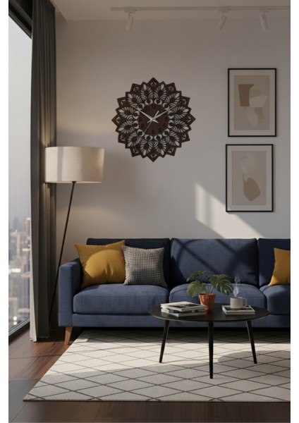 Ahşap Duvar Saati Dekoratif Mandala Tasarım Modern Salon Saati