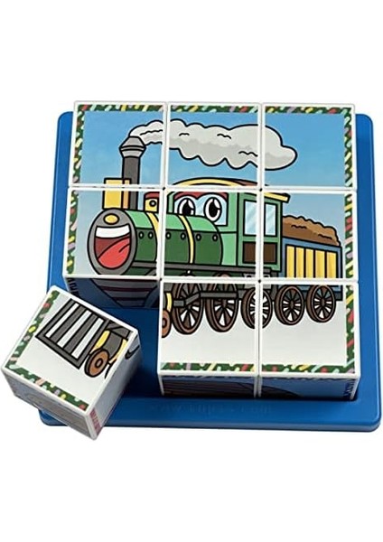Neşeli Taşıtlar Puzzle - (9 Küp 6 Yapboz) - Gemi//tren/roket/ufo/balon