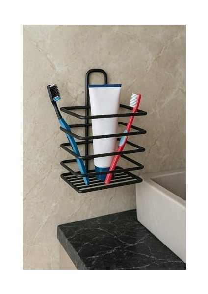 Paslanmaz Çelik Mat Siyah Yapışkanlı Diş Fırçalık - Duvar Tipi, Çok Amaçlı Organizer Siyah