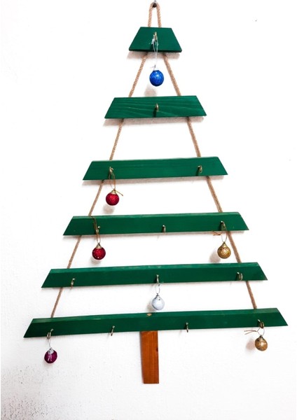 Renkli Yeşil ve Fındık Tonlarında Ahşap Yılbaşı Çam Ağacı Halatlı