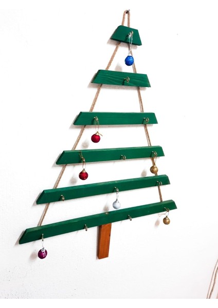 Renkli Yeşil ve Fındık Tonlarında Ahşap Yılbaşı Çam Ağacı Halatlı modelleri