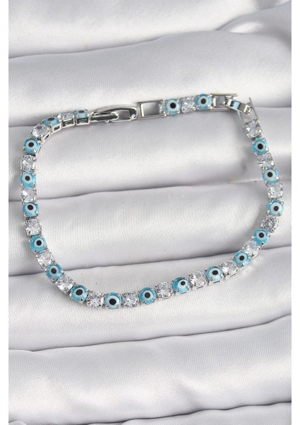 Bfs Pirinç Gümüş Renk Su Yolu Zirkon Taşlı Nazar Boncuklu Kadın Bileklik