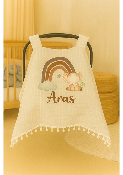 Kişiye Özel Gökkuşağı ve Fil Desenli Bebek Puset Örtüsü – Isim Yazılı, %100 Pamuk