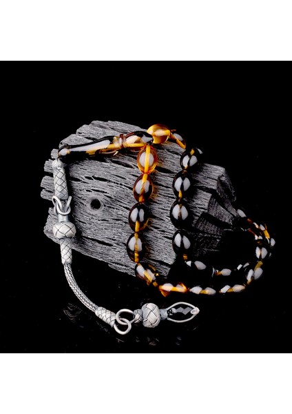 1000 Ayar Gümüş Püsküllü Arpa Kesim Süzme Renk Ateş Kehribar Tesbih