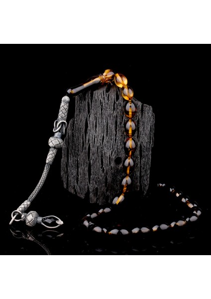 1000 Ayar Gümüş Püsküllü Arpa Kesim Süzme Renk Ateş Kehribar Tesbih fiyatları