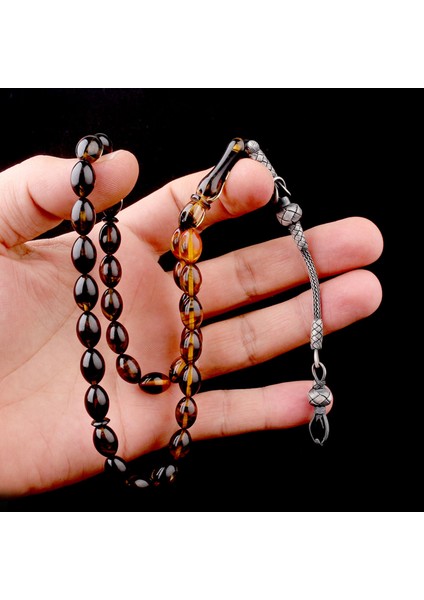 1000 Ayar Gümüş Püsküllü Arpa Kesim Süzme Renk Ateş Kehribar Tesbih modelleri