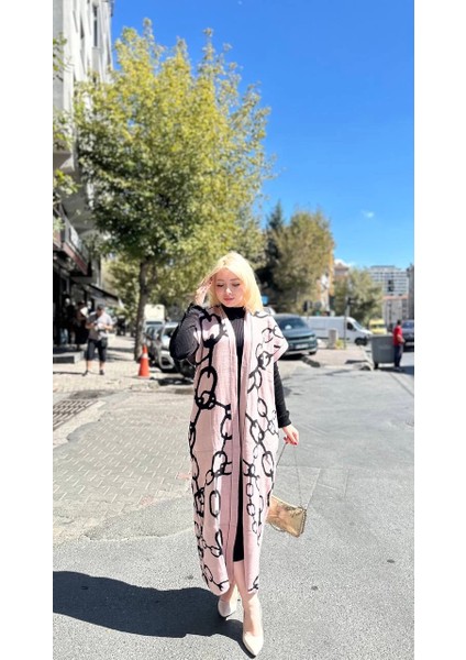 Siyah Çizgi Desenli Elbiseli Hırka Takım Pudra Siyah