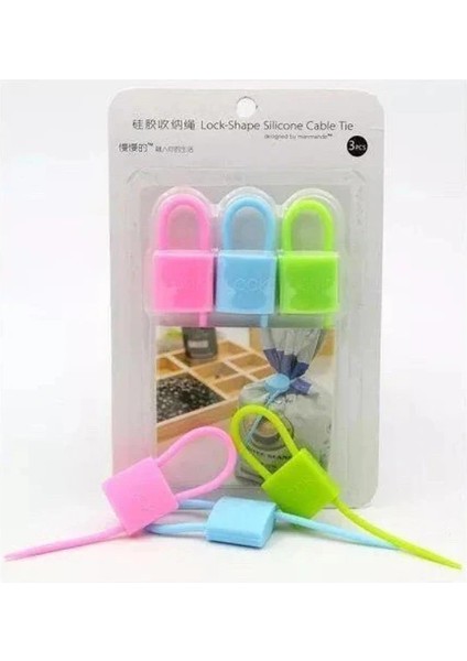 Kilit Şeklinde Silikon Kablo ve Poşet Bağlama Aparatı (3'lü Set)