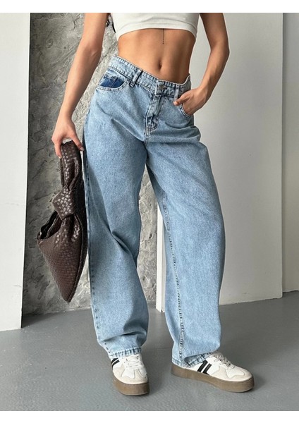 Baggy Kar Yıkama Orta Mavi Jeans Pantolon D2007