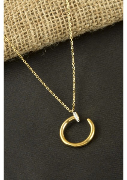 Ieg Çivi Zirkon Taşlı Lüks Çelik Kolye