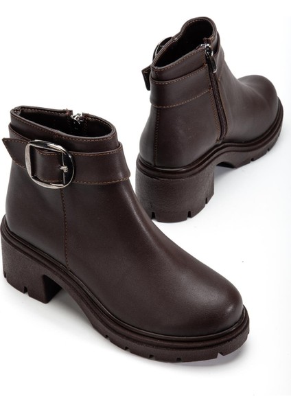 Kadın Topuklu Bot Kahverengi Suni Deri Yan Tokalı Kalın Taban