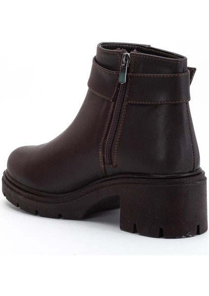 Kadın Topuklu Bot Kahverengi Suni Deri Yan Tokalı Kalın Taban indirimleri