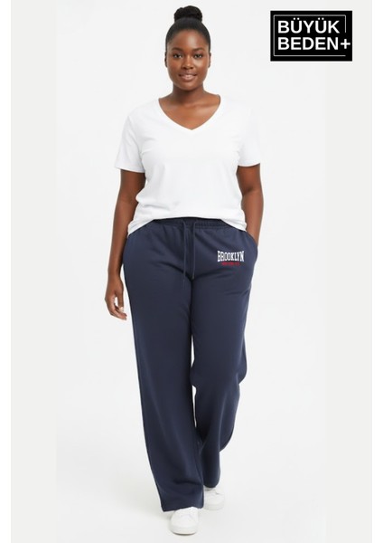 Kadın Büyük Beden Brooklyn 1970 Baskılı Lastikli Bel Paça Reçme Eşofman Altı SPR26EAK952-3