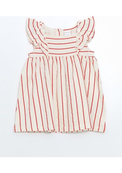 Yeni Sezon Arkası Düğmeli Çizgili Interlok Kız Bebek Elbise
