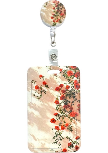 Yaka Kartlığı Yoyolu Kartlık Koruyucu Çekmeli Kart Tutucu Kartlık Kırmızı Çiçekler
