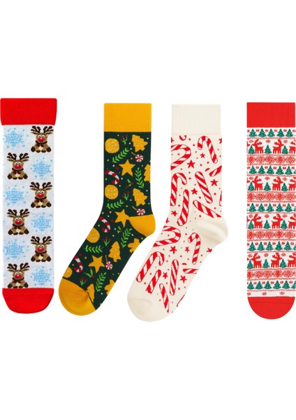 Yılbaşı 4’lü Renkli Çorap Seti Noel Temalı Hediye Kutulu
