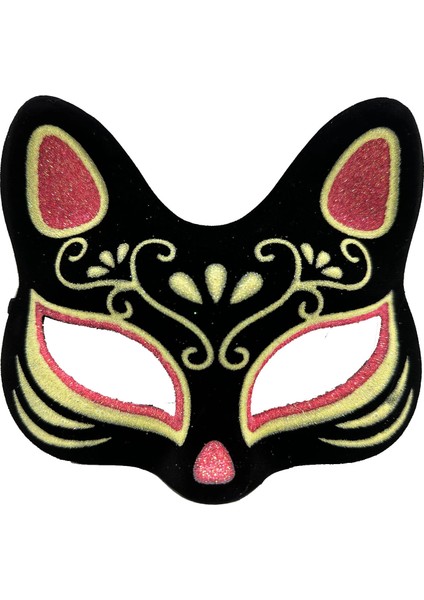 Siyah Renk Süet Kaplama Üzeri Kırmızı Sarı Simli Kedi Maskesi 17X14 cm indirimleri
